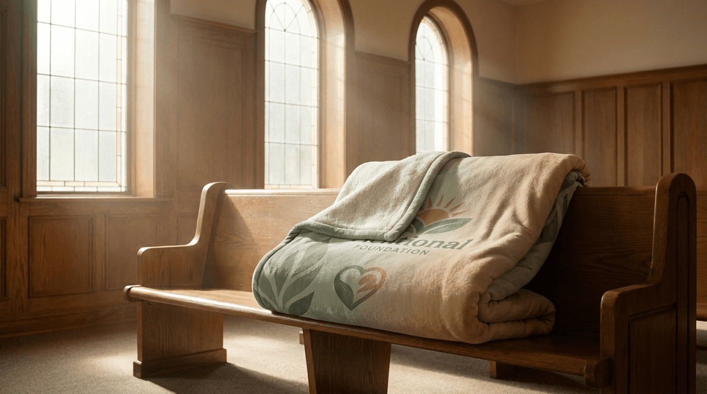 Folded patterned comfort blanket resting on a wooden bench in a sunlit hospital chapel
