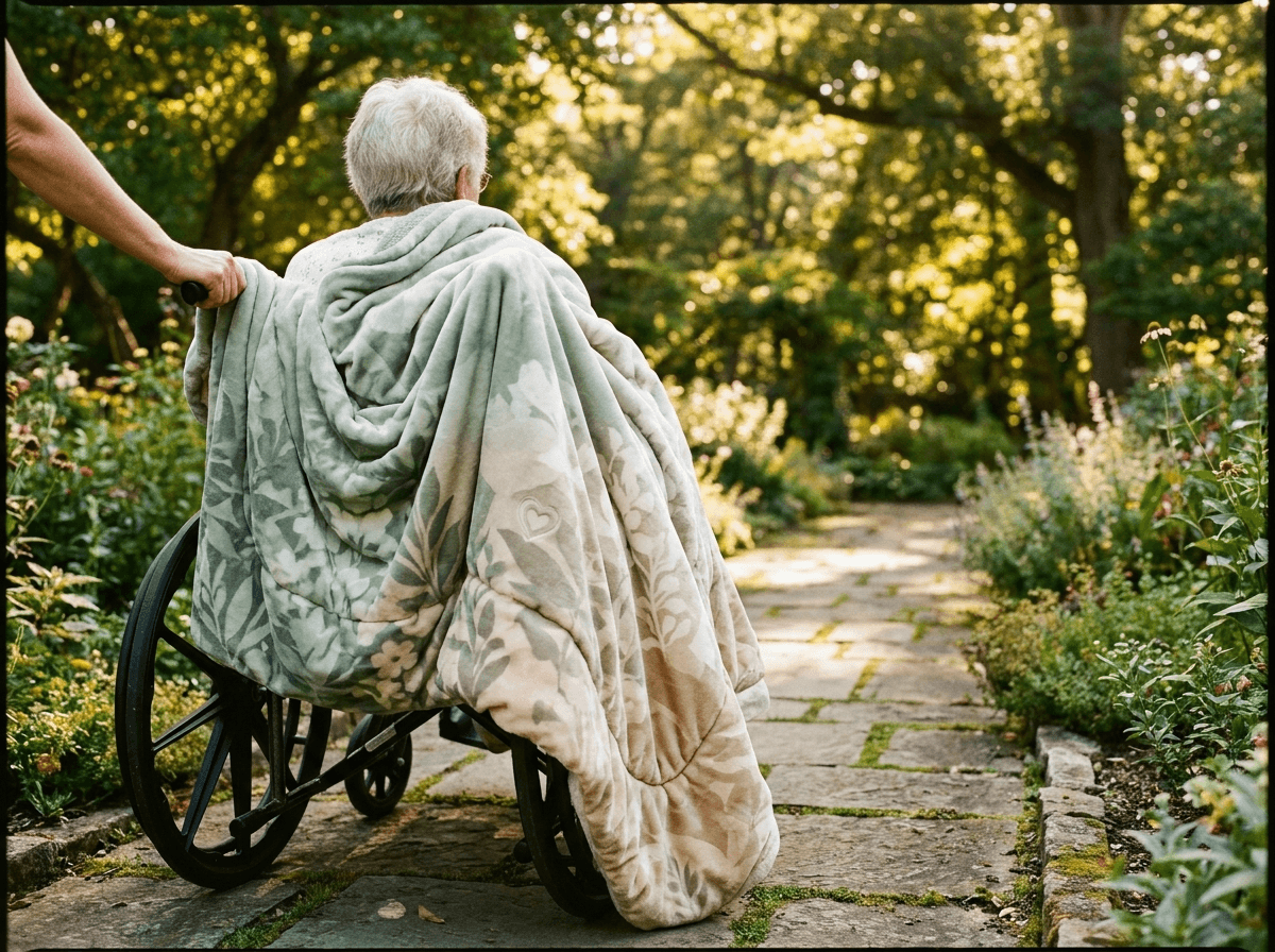Resident in a wheelchair wrapped in a botanical-print plush blanket on a sunlit garden path